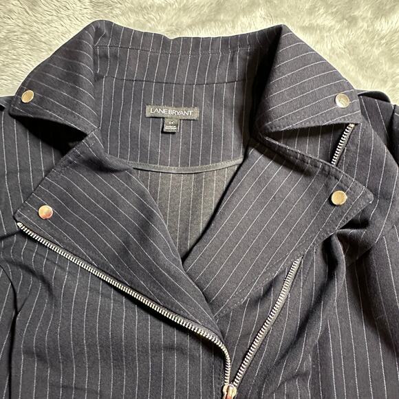 Lane Bryant Jacket Womens 14 Navy Blue Striped Moto Zip Up Ruffled Peplum Blazer - Picture 9 of 11